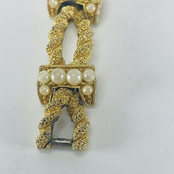 Crown Trifari Signed Bracelet Gold Tone Nugget Rope White Faux Pearl Link VTG 7" - Picture 4 of 16